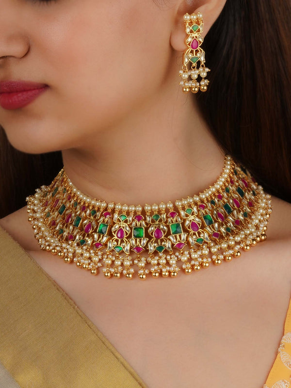 MS2246M - Multicolor Gold Plated Jadau Kundan Necklace Set