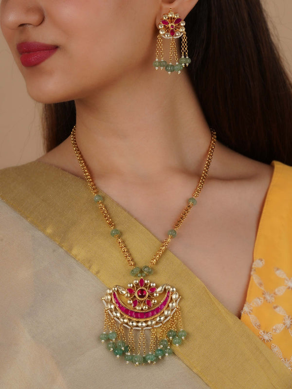 MS2269YP - Pink Color Gold Plated Jadau Kundan Necklace Set