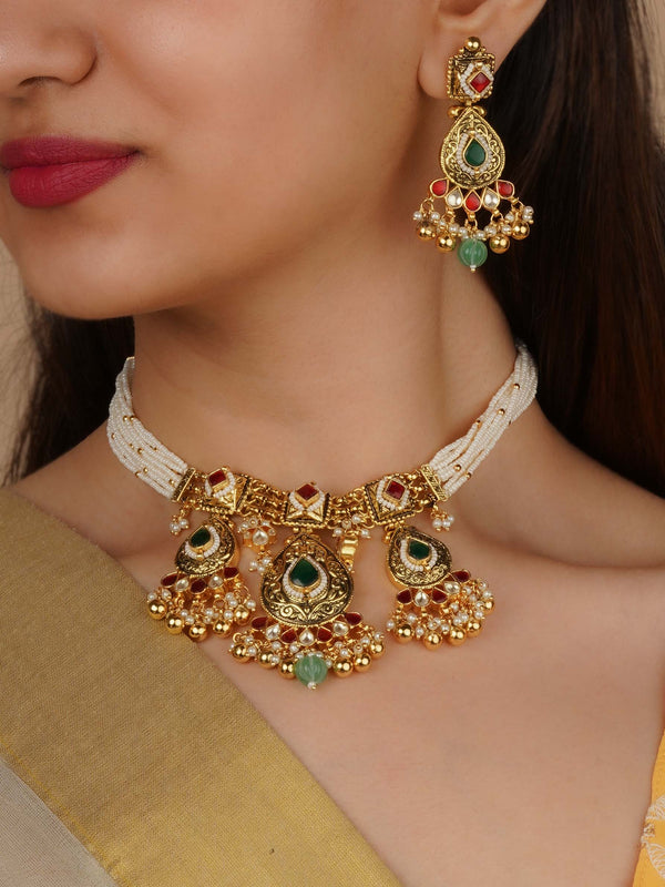 MS2279M - Multicolor Gold Plated Jadau Kundan Necklace Set