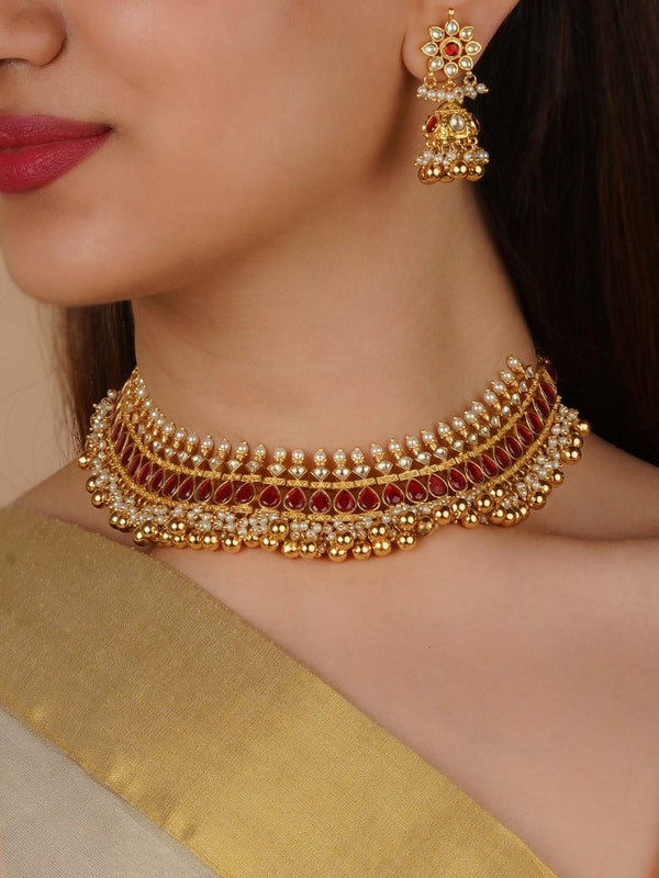 MS2280YR - Red Color Gold Plated Jadau Kundan Necklace Set