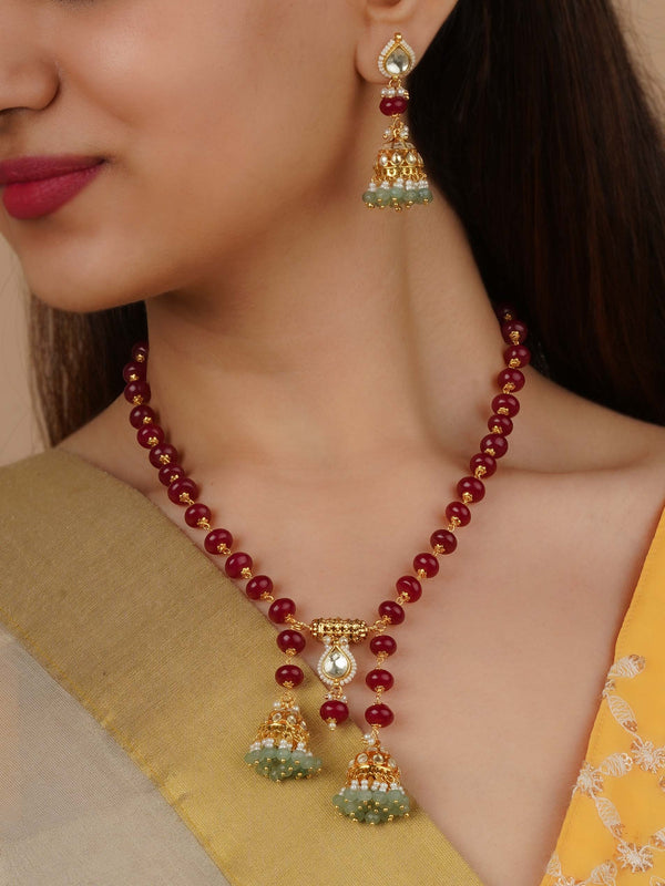 MS2282 - Maroon Color Gold Plated Jadau Kundan Necklace Set