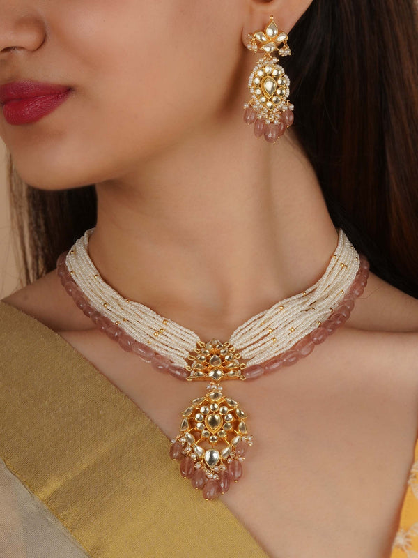 MS2285Y - Baby Pink Color Gold Plated Jadau Kundan Necklace Set