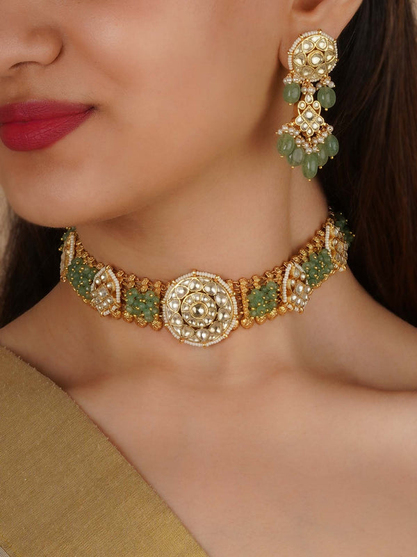 MS2291Y - Green Color Gold Plated Jadau Kundan Necklace Set