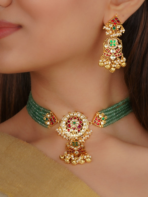 Multicolor Gold Plated Jadau Kundan Necklace Set - MS2296M