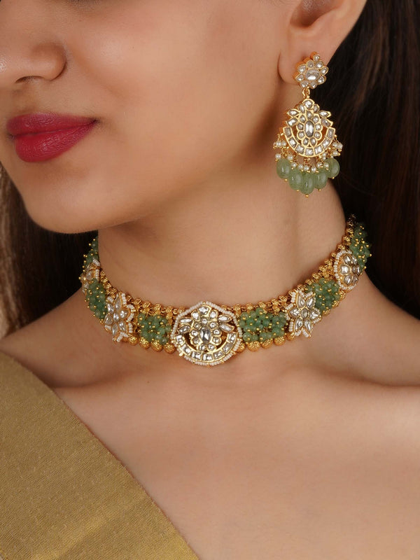 MS2305 - Green Color Gold Plated Jadau Kundan Necklace Set