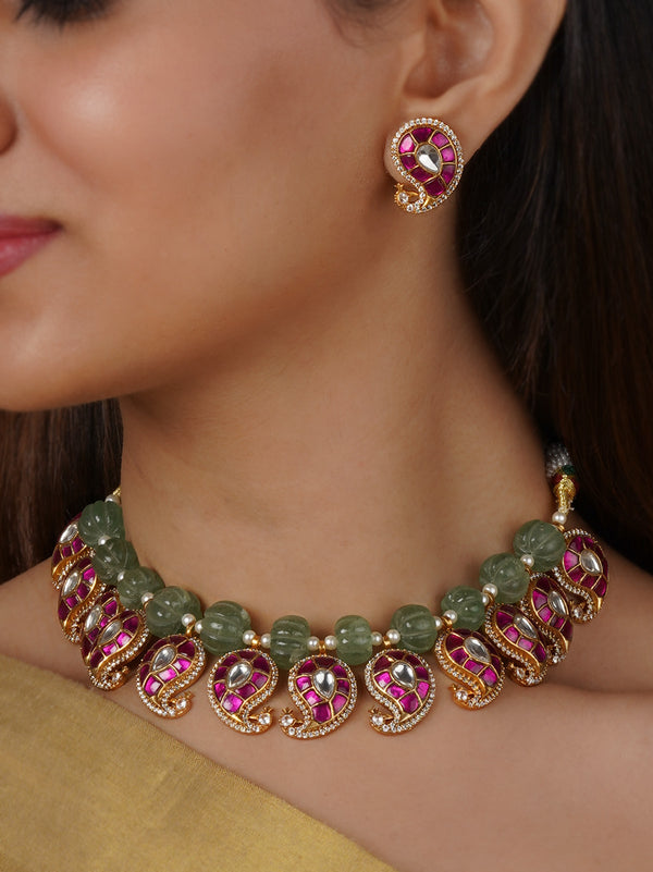 MS2318P - Pink Color Gold Plated Jadau Kundan Necklace Set