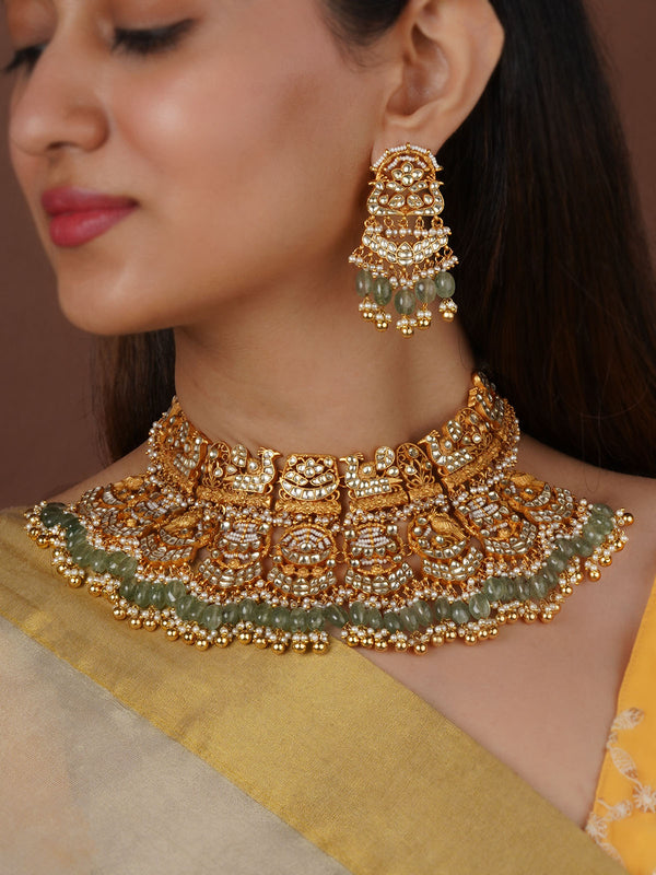 MS2325 - Green Color Gold Plated Jadau Kundan Necklace Set