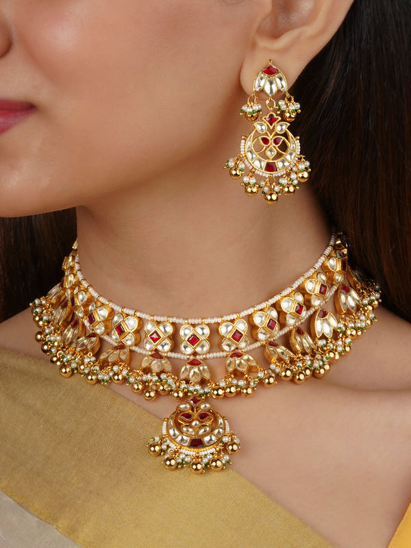 MS2332YR - Red Color Gold Plated Jadau Kundan Necklace Set