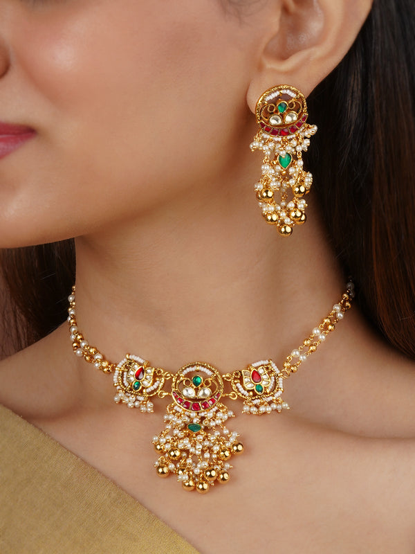 Multicolor Gold Plated Jadau Kundan Necklace Set - MS2333M