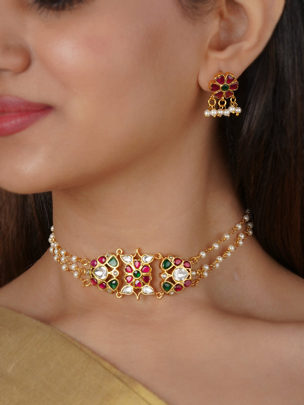 Multicolor Gold Plated Jadau Kundan Necklace Set - MS2335M