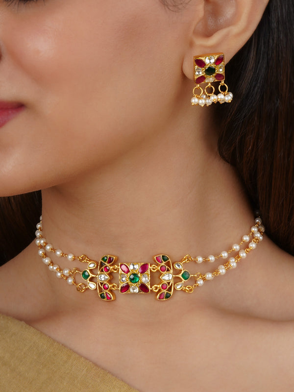 MS2336M - Multicolor Gold Plated Jadau Kundan Necklace Set