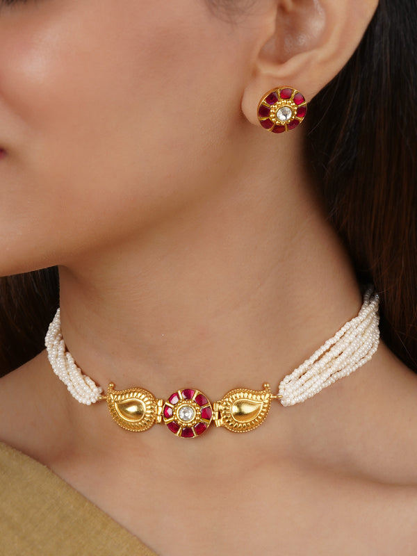 MS2337P - Pink Color Gold Plated Jadau Kundan Necklace Set