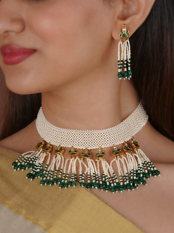 Green Color Gold Plated Jadau Kundan Necklace Set - MS2338GR