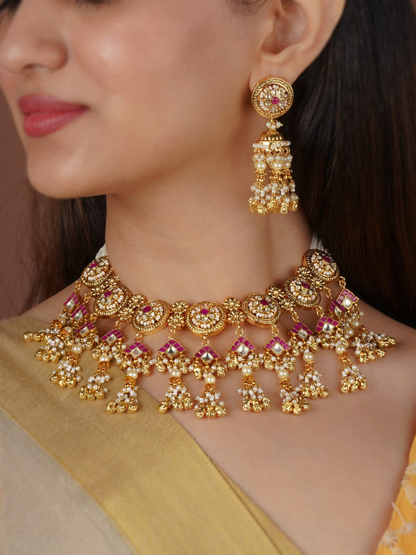 Pink Color Gold Plated Jadau Kundan Necklace Set - MS2339P