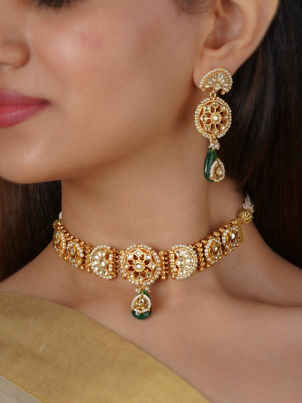 Green Color Gold Plated Jadau Kundan Necklace Set - MS2340Y