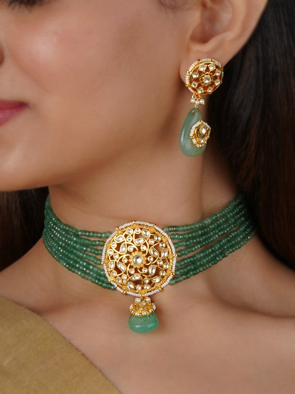 Green Color Gold Plated Jadau Kundan Necklace Set - MS2341Y