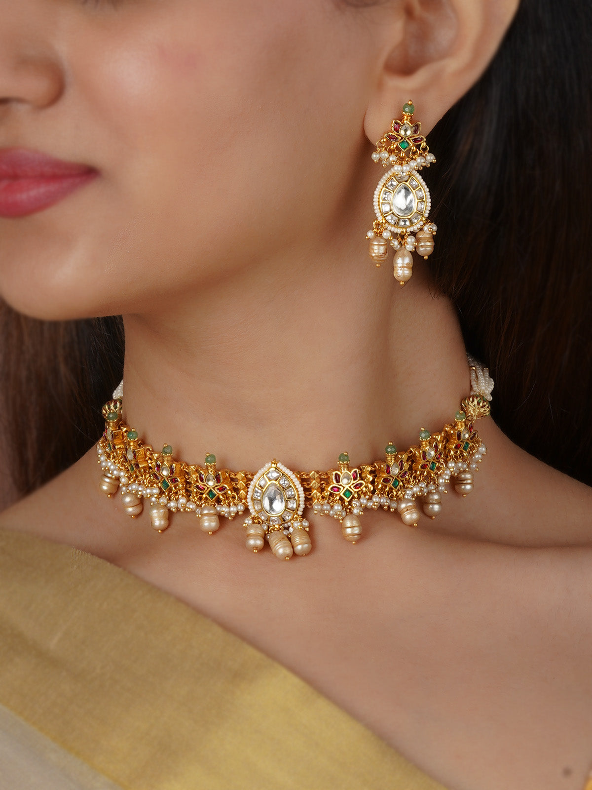 Outlet New Arrival, Golden Indian Kundan Mala Set, Golden Jhumkay, indian bridal jewelry