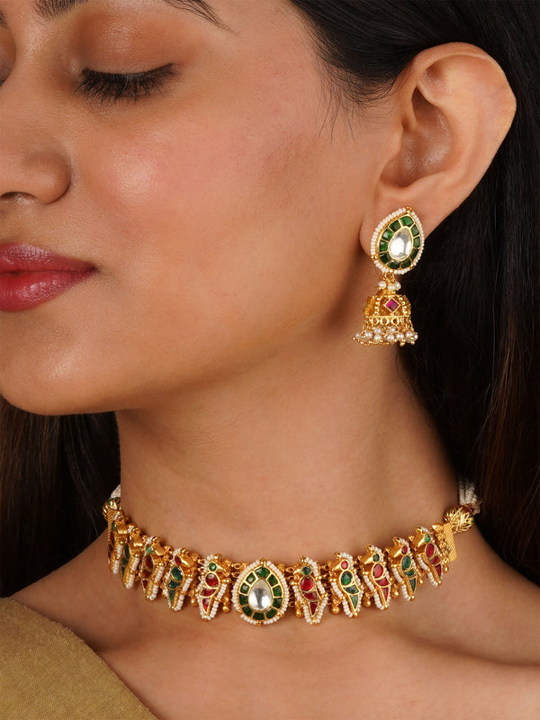 Multicolor Gold Plated Jadau Kundan Necklace Set - MS2348M