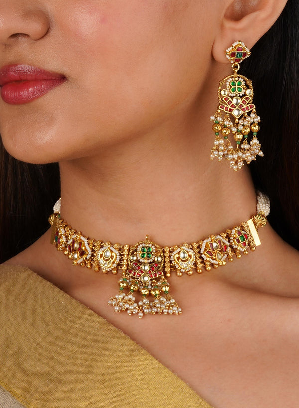 Multicolor Gold Plated Jadau Kundan Necklace Set - MS2349M