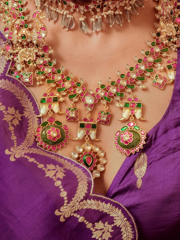 Multicolor Gold Plated Jadau Kundan Necklace Set - MS2353M