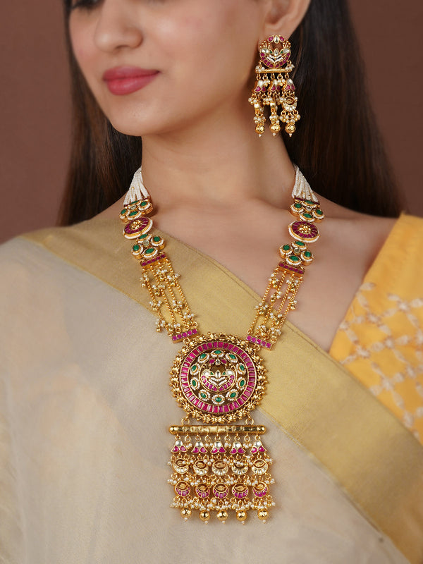 Multicolor Gold Plated Jadau Kundan Necklace Set - MS2355YP