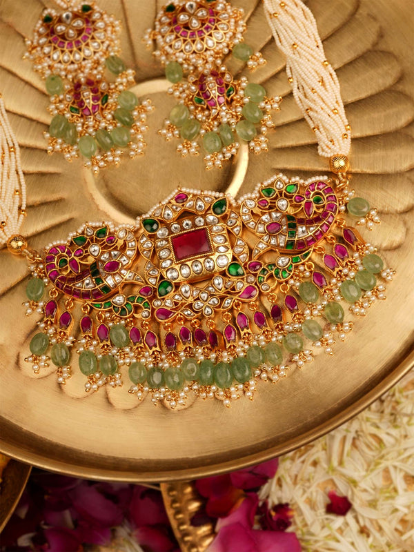 Multicolor Gold Plated Jadau Kundan Necklace Set - MS2357M