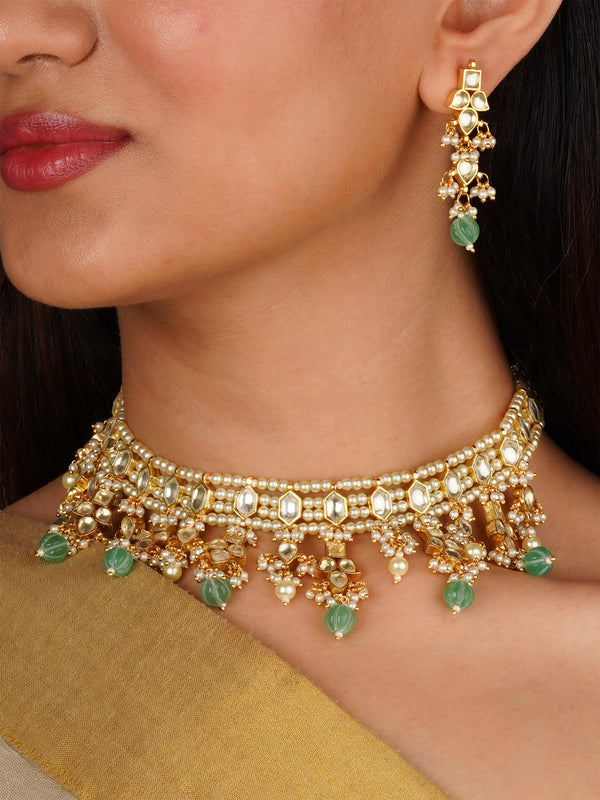 Gold Plated Jadau Kundan Necklace Set - MS2359