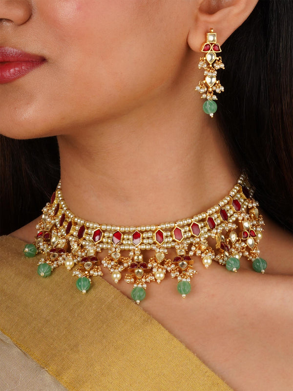 Gold Plated Jadau Kundan Necklace Set - MS2359