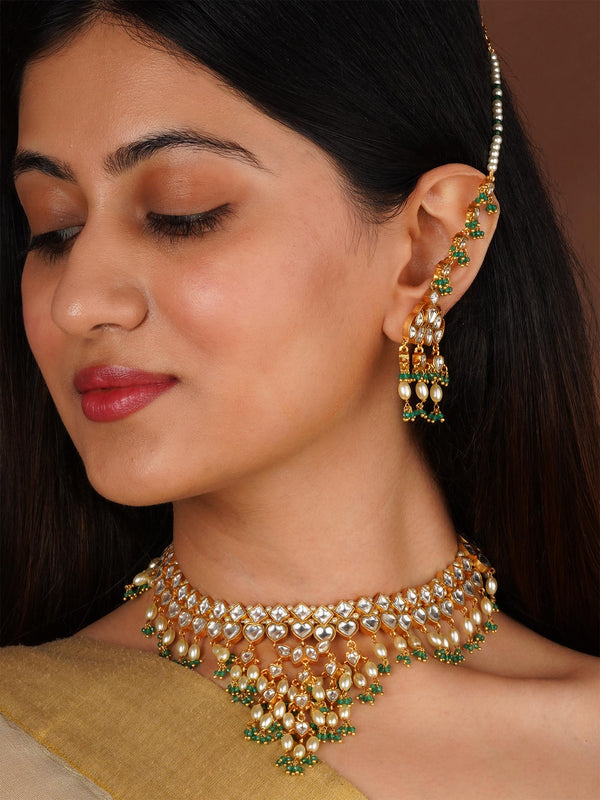 Green Color Gold Plated Jadau Kundan Necklace Set - MS2362