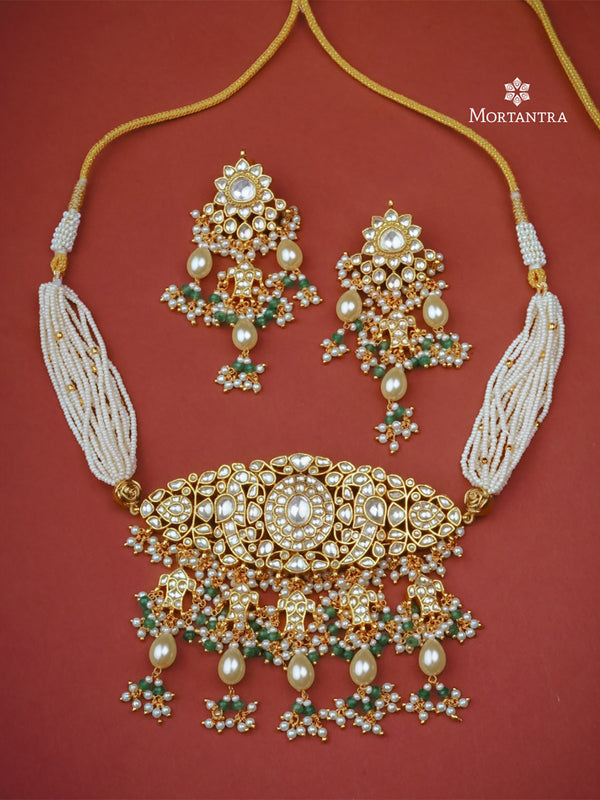 Green Color Gold Plated Jadau Kundan Necklace Set - MS2366Y