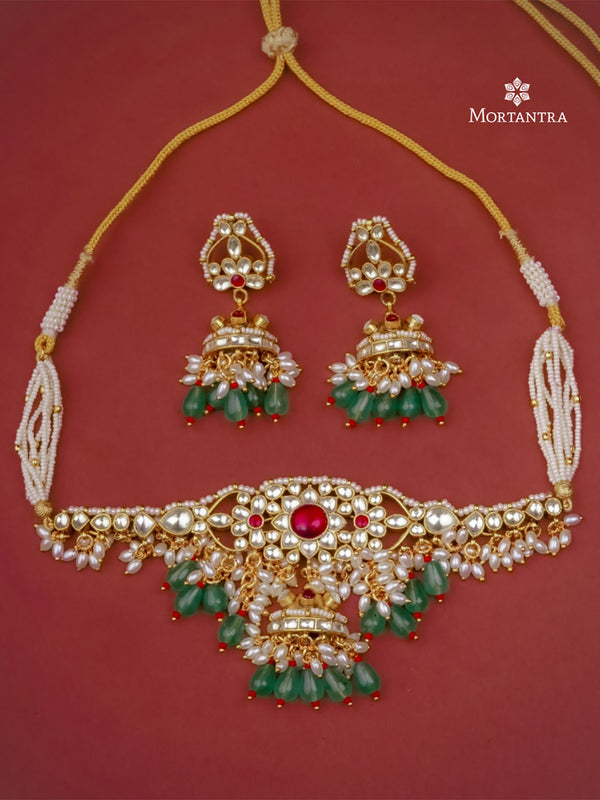 Red Color Gold Plated Jadau Kundan Necklace Set - MS2370YR