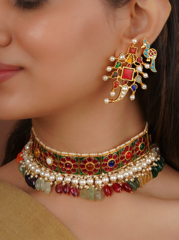 Navratna Gold Plated Jadau Kundan Necklace Set - MS2381N