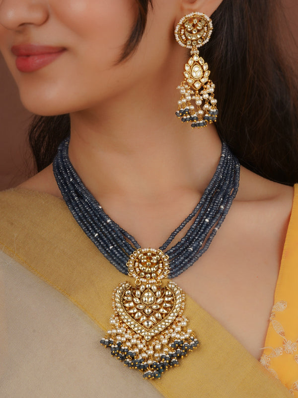 Blue Color Gold Plated Jadau Kundan Necklace Set - MS2413Y
