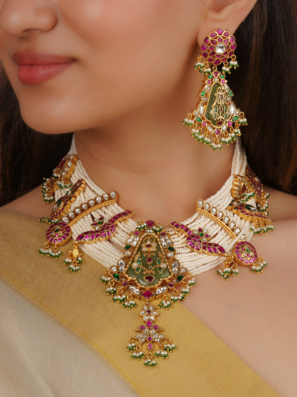 Multicolor Gold Plated Jadau Kundan Necklace Set - MS2436M