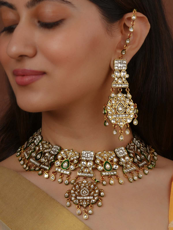Green Color Gold Plated Jadau Kundan Necklace Set - MS2444WGR