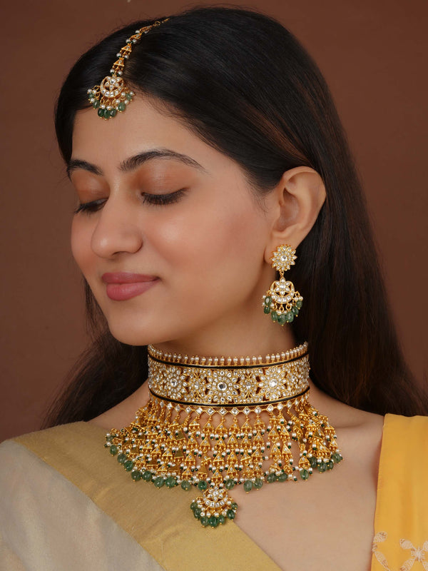 Green Color Gold Plated Jadau Kundan Bridal Necklace Set - MS2464