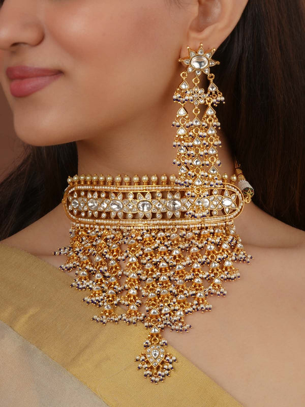 Blue Color Gold Plated Jadau Kundan Necklace Set - MS2473