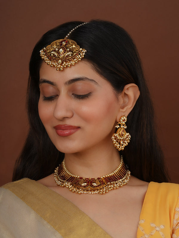 Red Color Gold Plated Jadau Kundan Bridal Necklace Set - MS2505YR