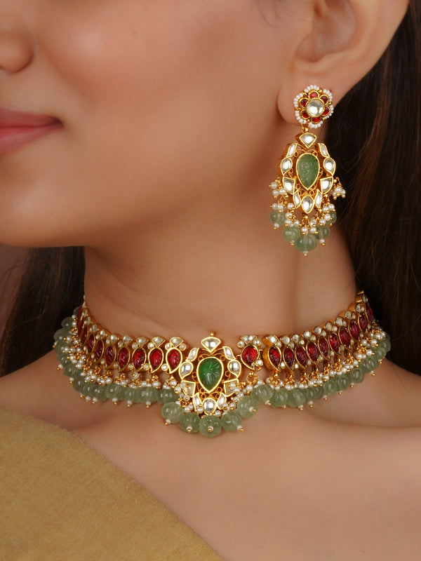 Multicolor Gold Plated Jadau Kundan Necklace Set - MS2510M