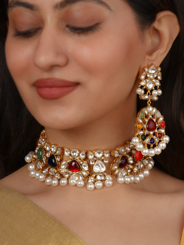 Navratna Gold Plated Jadau Kundan Necklace Set - MS2520N