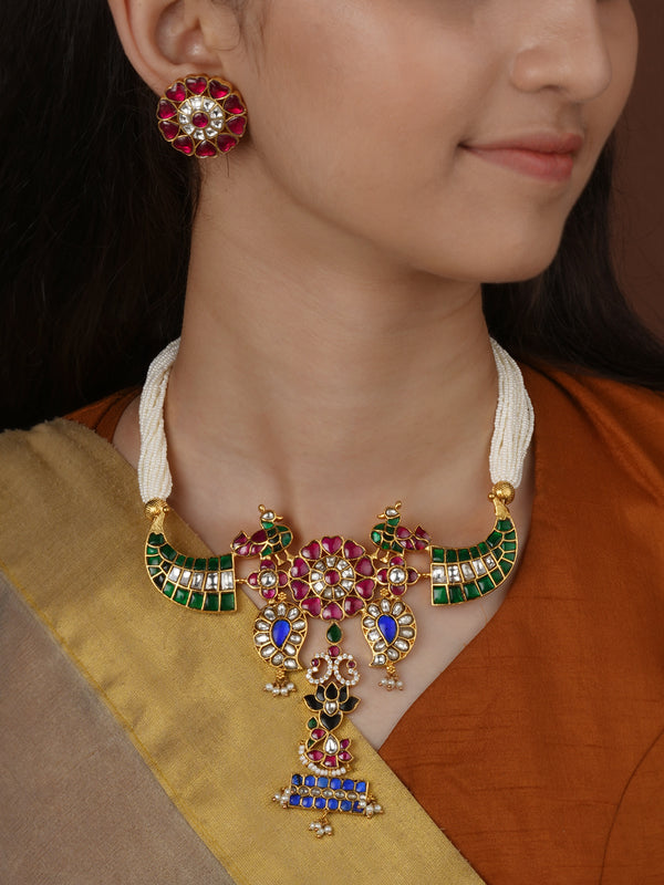 Multicolor Gold Plated Jadau Kundan Necklace Set - MS2577