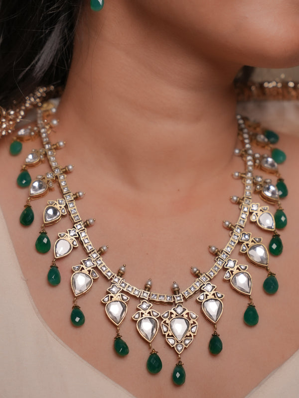 Green Color Gold Plated Jadau Kundan Necklace Set - MS2649