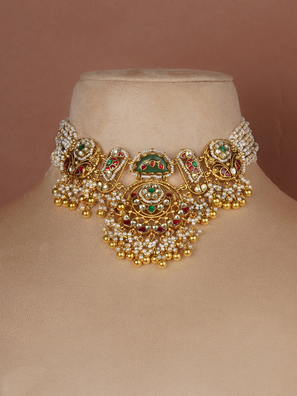 Multicolor Gold Plated Jadau Kundan Necklace Set - MS2660M