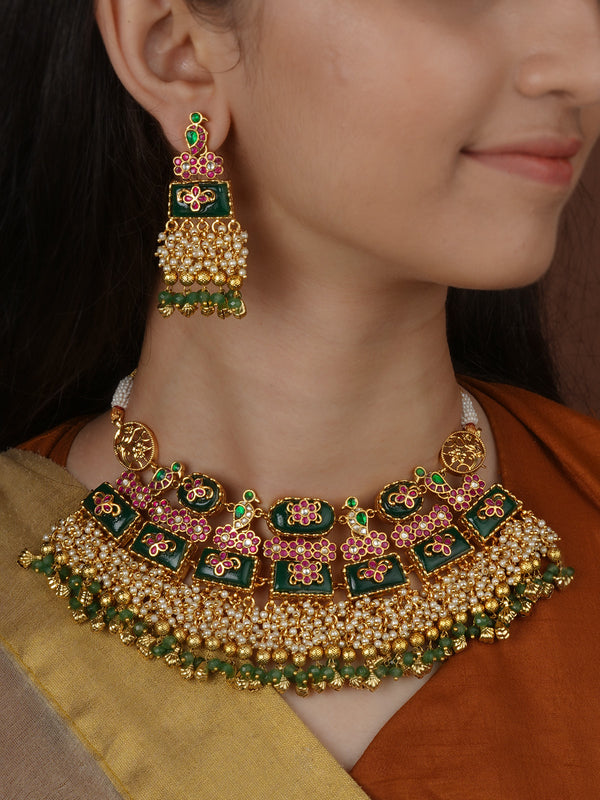 Gold Plated Jadau Kundan Necklace Set - MS2668
