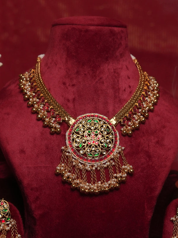 Multicolor Gold Plated Jadau Kundan Necklace Set - MS2671M