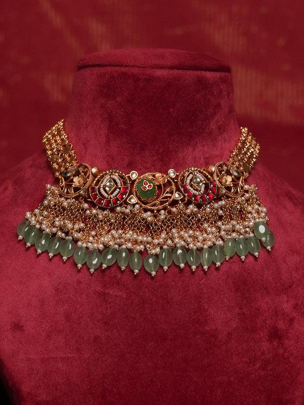 Multicolor Gold Plated Jadau Kundan Necklace Set - MS2673M