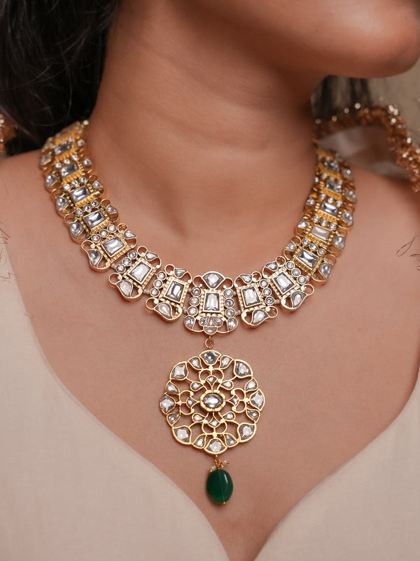 White Color Gold Plated Jadau Kundan Necklace Set - MS2674