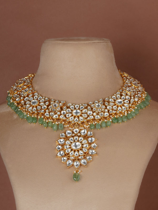 Green Color Gold Plated Jadau Kundan Necklace Set - MS2680