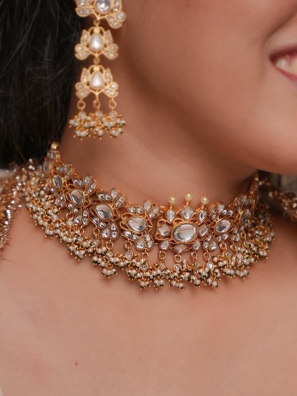 Green Color Gold Plated Jadau Kundan Necklace Set - MS2689