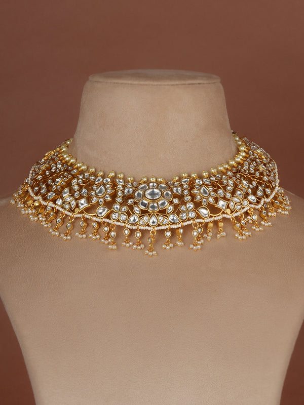 White Color Gold Plated Jadau Kundan Necklace Set - MS2697